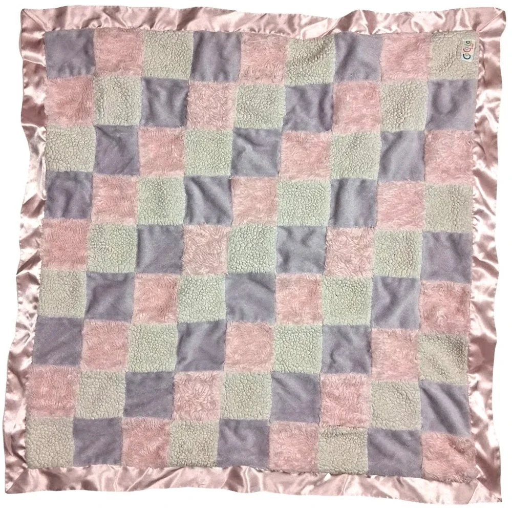 CoCalo Baby Girl Pink Purple Beige Patchwork Blanket Satin Trim Squares Sherpa
